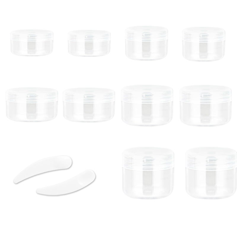 ZEJIA 10pcs Small Travel Containers, Clear Sample Containers with Screw Lids, 5 Size 3/5/10/15/20 Gram Sample Jars with 12pcs Labels and 2pcs Mini Disposable Spatula, Makeup Sample Containers BPA Free - Image 1